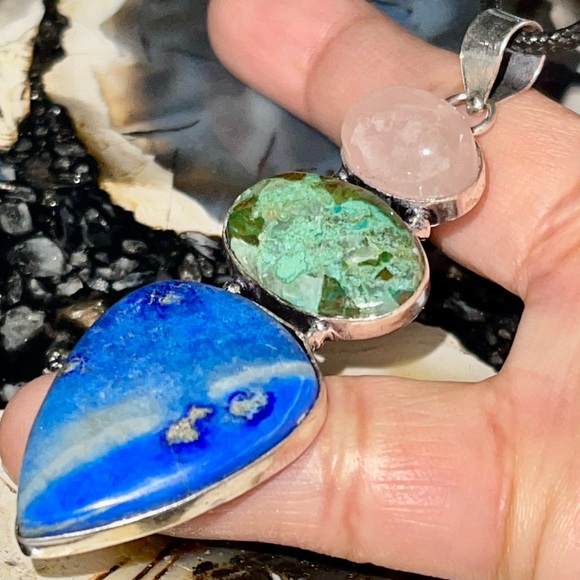 Crystal Pairing of Rose Quartz, Lapis Lazuli & Chrysocolla Pendant 2 7/8” - Picture 3 of 17